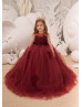 Maroon Lace Applique Tulle Keyhole Corset Back Flower Girl Dress